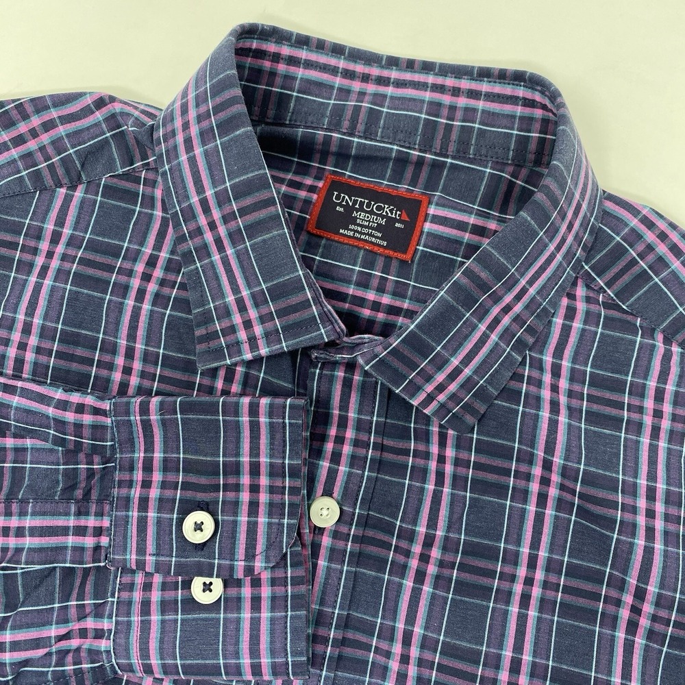 UNTUCKit Button Down Shirt Mens Medium Navy Pink Plaid Sarmassa Slim Fit Cotton